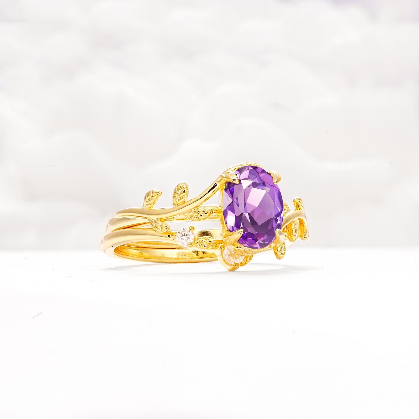Nature-Inspired Oval Cut Amethyst Engagement Ring Set with Leaf Accents - Rose-Gold