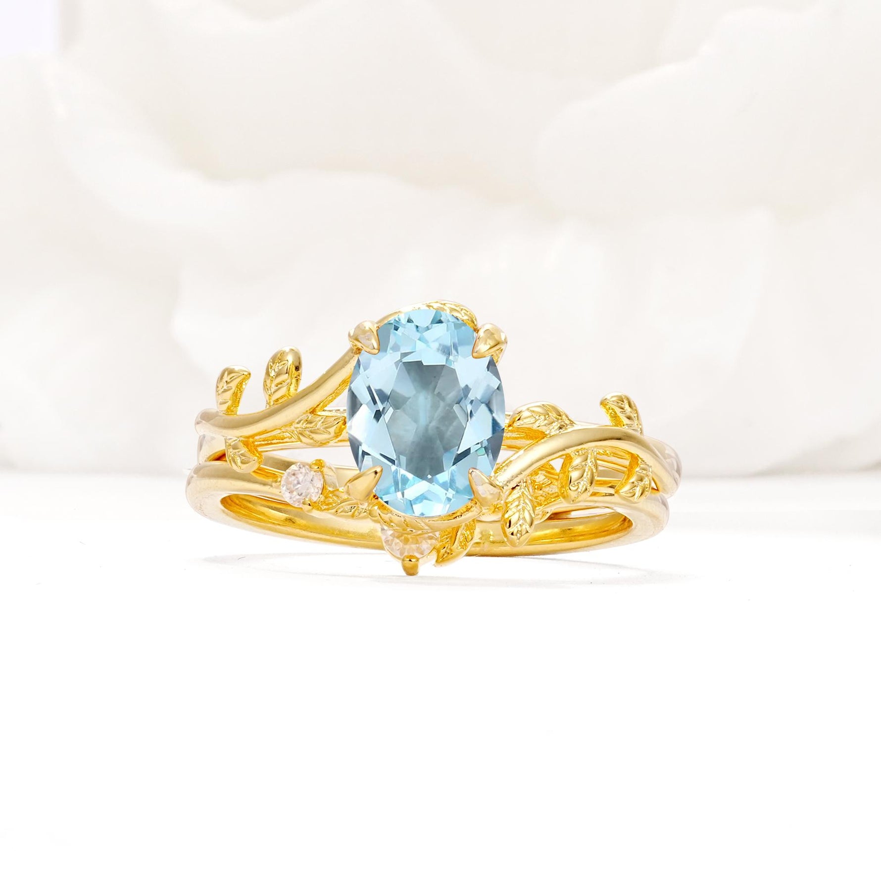Nature-Inspired Oval Cut Aquamarine Engagement Ring Set with Leaf Accents - Yellow-Gold
