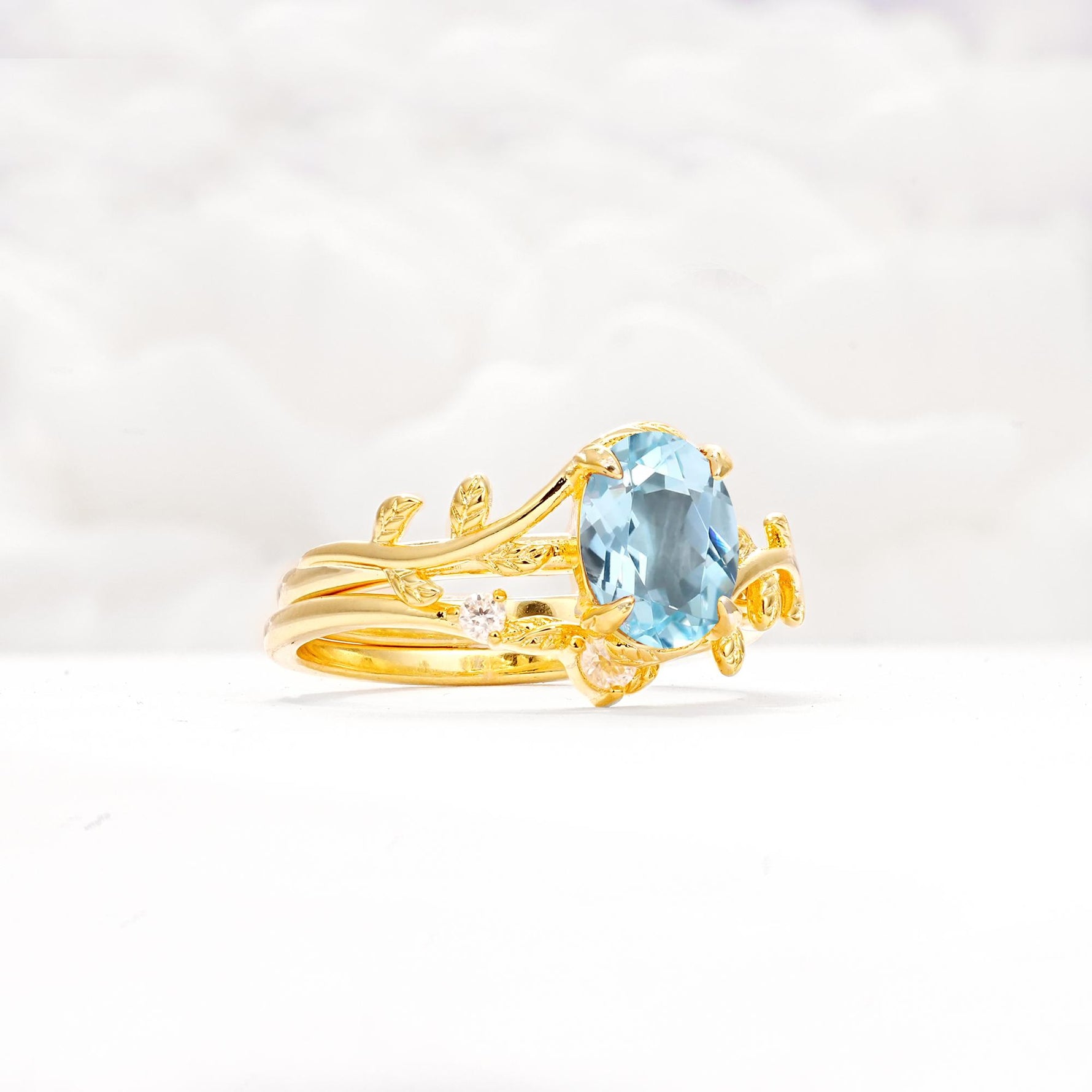 Nature-Inspired Oval Cut Aquamarine Engagement Ring Set with Leaf Accents - Rose-Gold