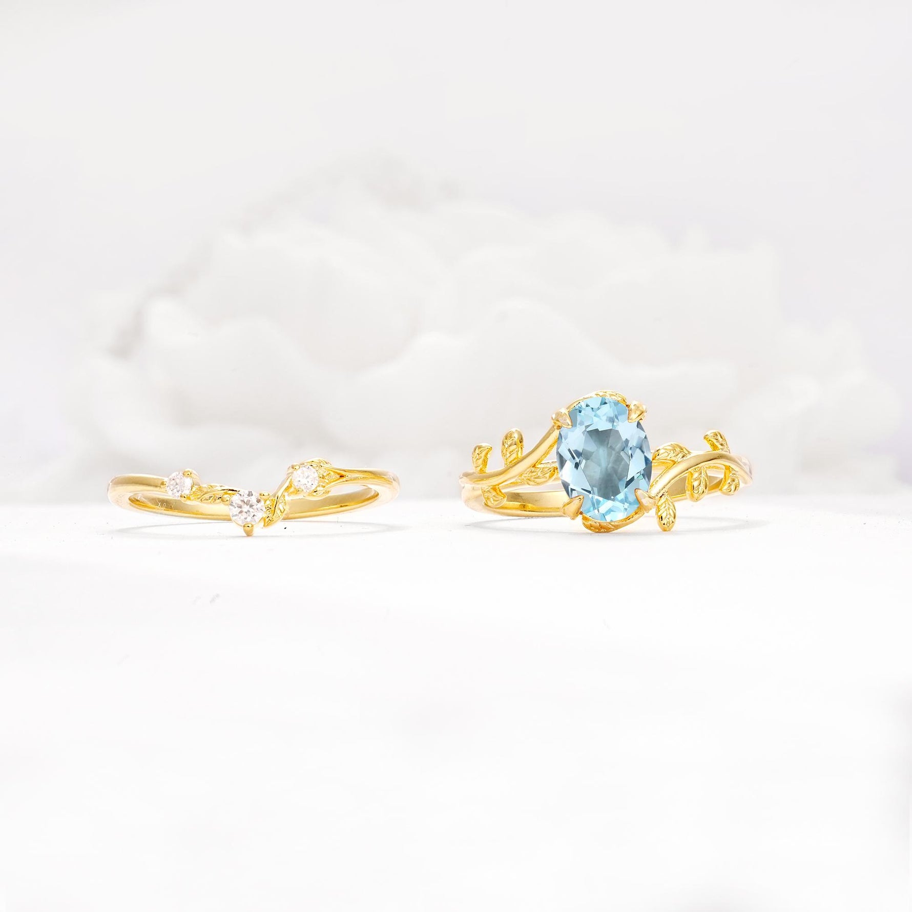 Nature-Inspired Oval Cut Aquamarine Engagement Ring Set with Leaf Accents - Additional view