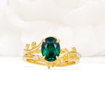 Nature-Inspired Oval Cut Emerald Engagement Ring Set with Leaf Accents - Yellow-Gold