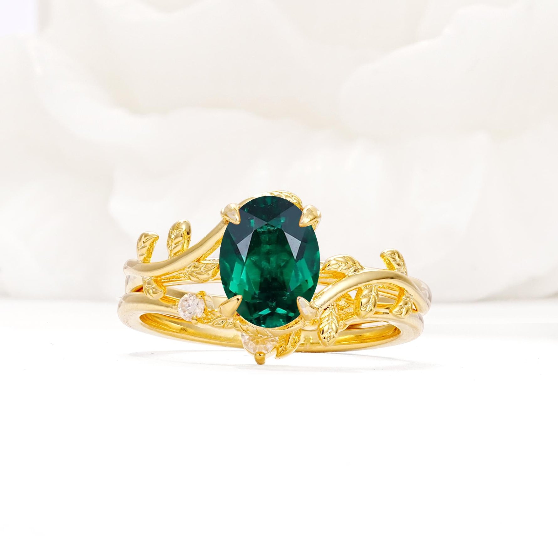 Nature-Inspired Oval Cut Emerald Engagement Ring Set with Leaf Accents - Yellow-Gold