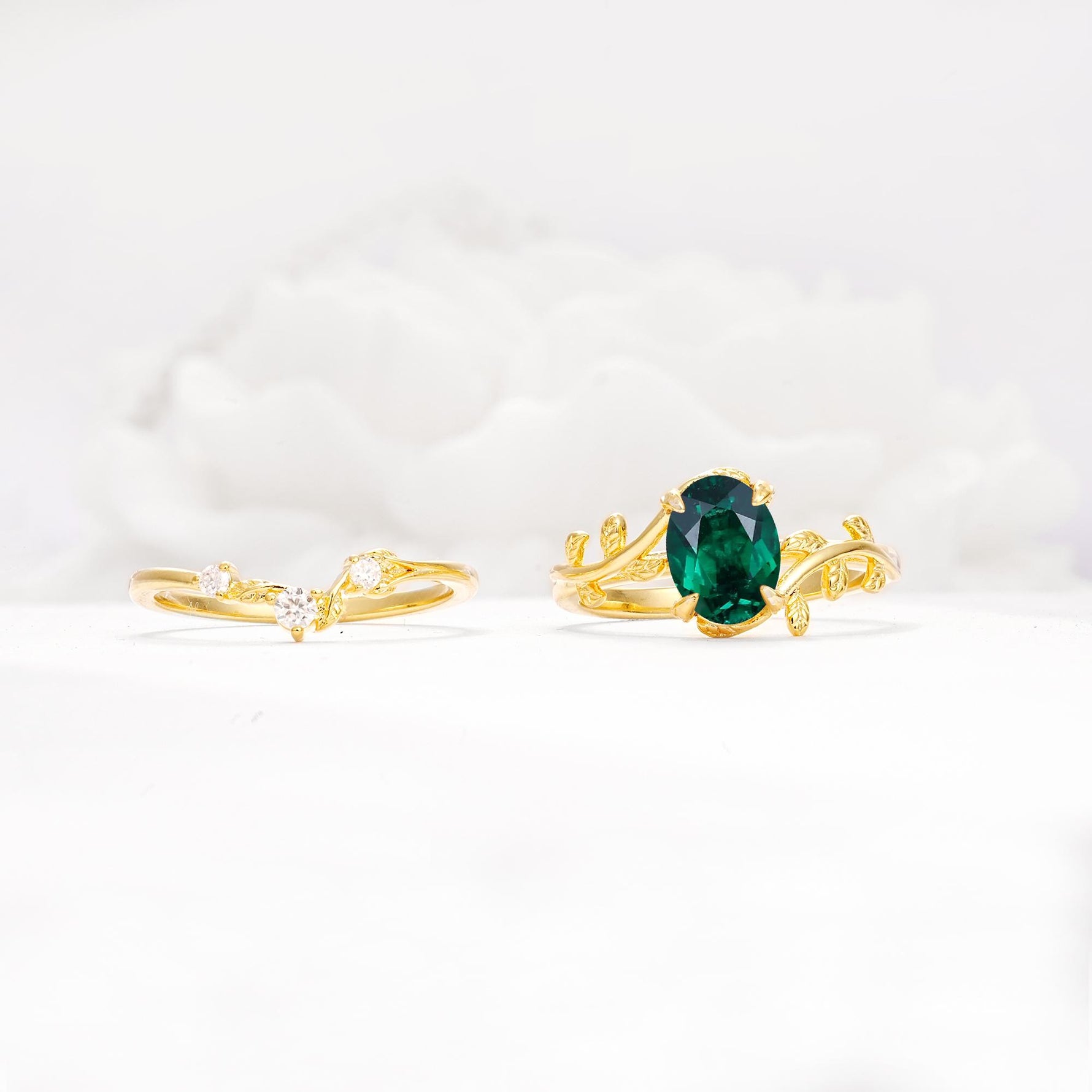 Nature-Inspired Oval Cut Emerald Engagement Ring Set with Leaf Accents - Additional view