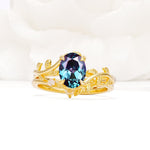 Nature-Inspired Oval Cut Alexandrite Engagement Ring Set with Leaf Accents - Yellow-Gold