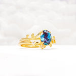 Nature-Inspired Oval Cut Alexandrite Engagement Ring Set with Leaf Accents - Rose-Gold