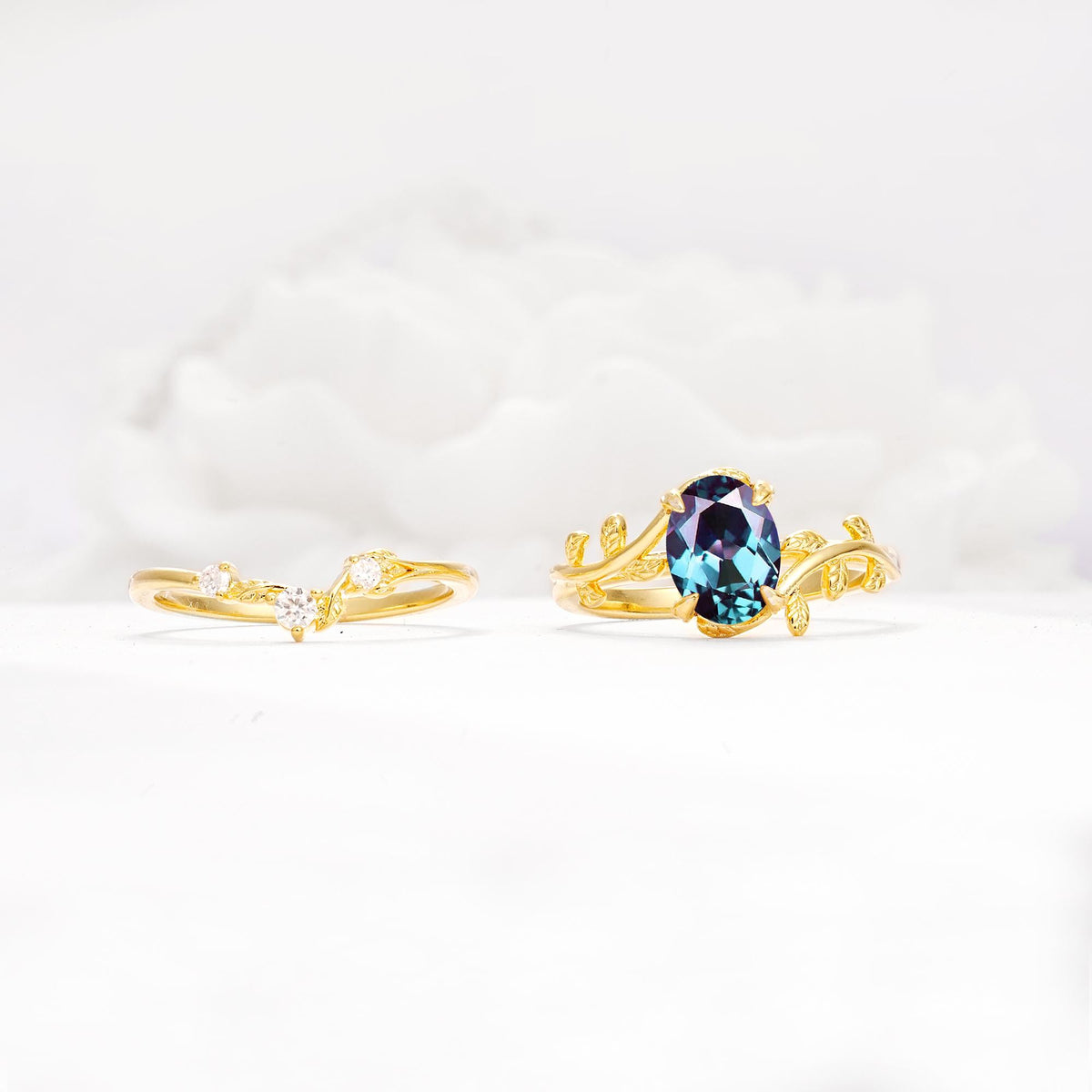 Nature-Inspired Oval Cut Alexandrite Engagement Ring Set with Leaf Accents - Additional view