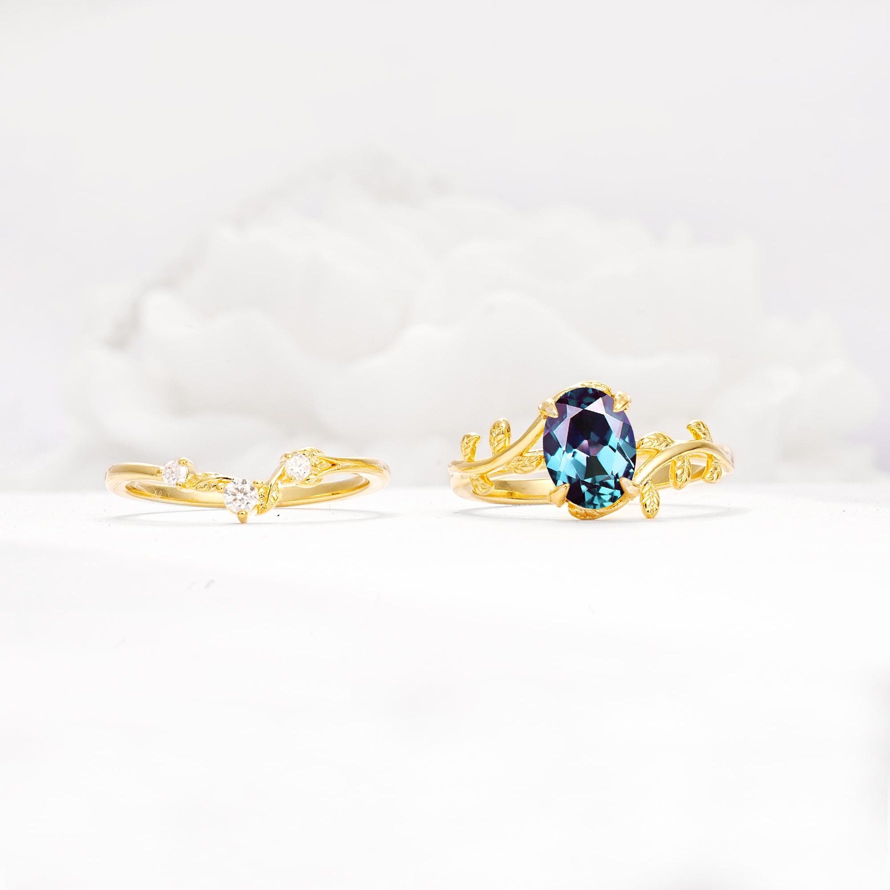 Nature-Inspired Oval Cut Alexandrite Engagement Ring Set with Leaf Accents - Additional view
