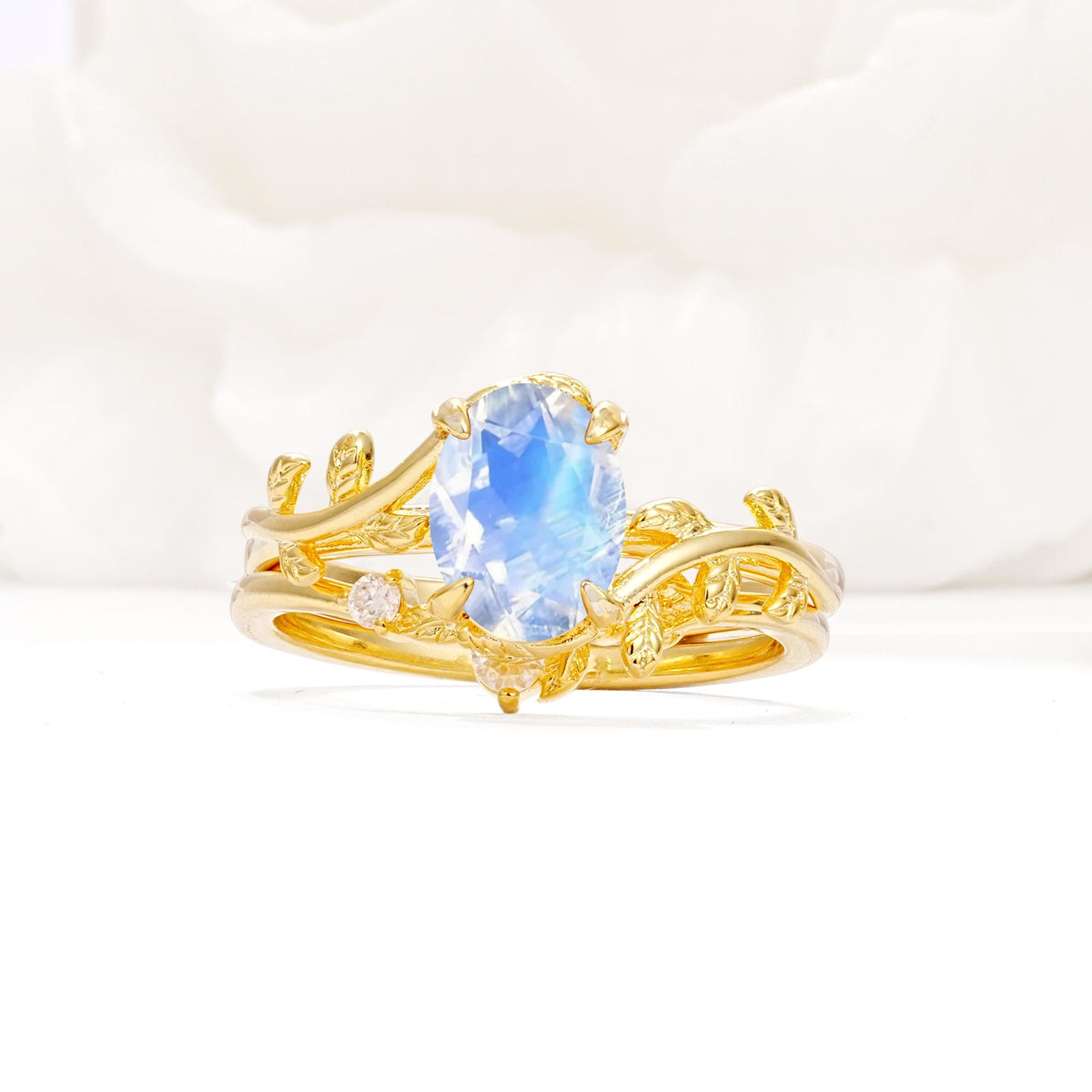 Nature-Inspired Oval Cut Moonstone Engagement Ring Set with Leaf Accents - Yellow-Gold