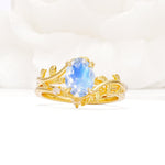 Nature-Inspired Oval Cut Moonstone Engagement Ring Set with Leaf Accents - Yellow-Gold
