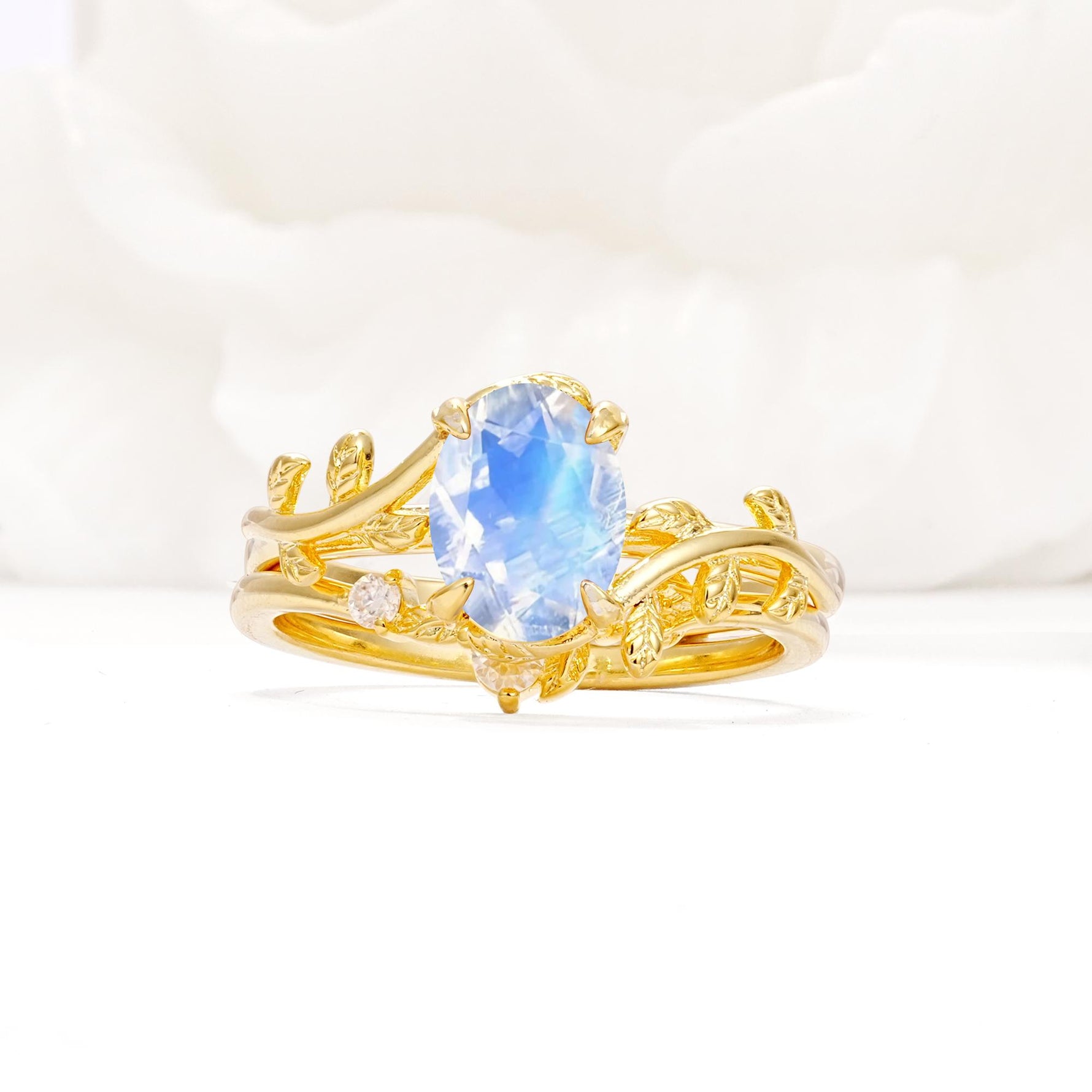 Nature-Inspired Oval Cut Moonstone Engagement Ring Set with Leaf Accents - Yellow-Gold