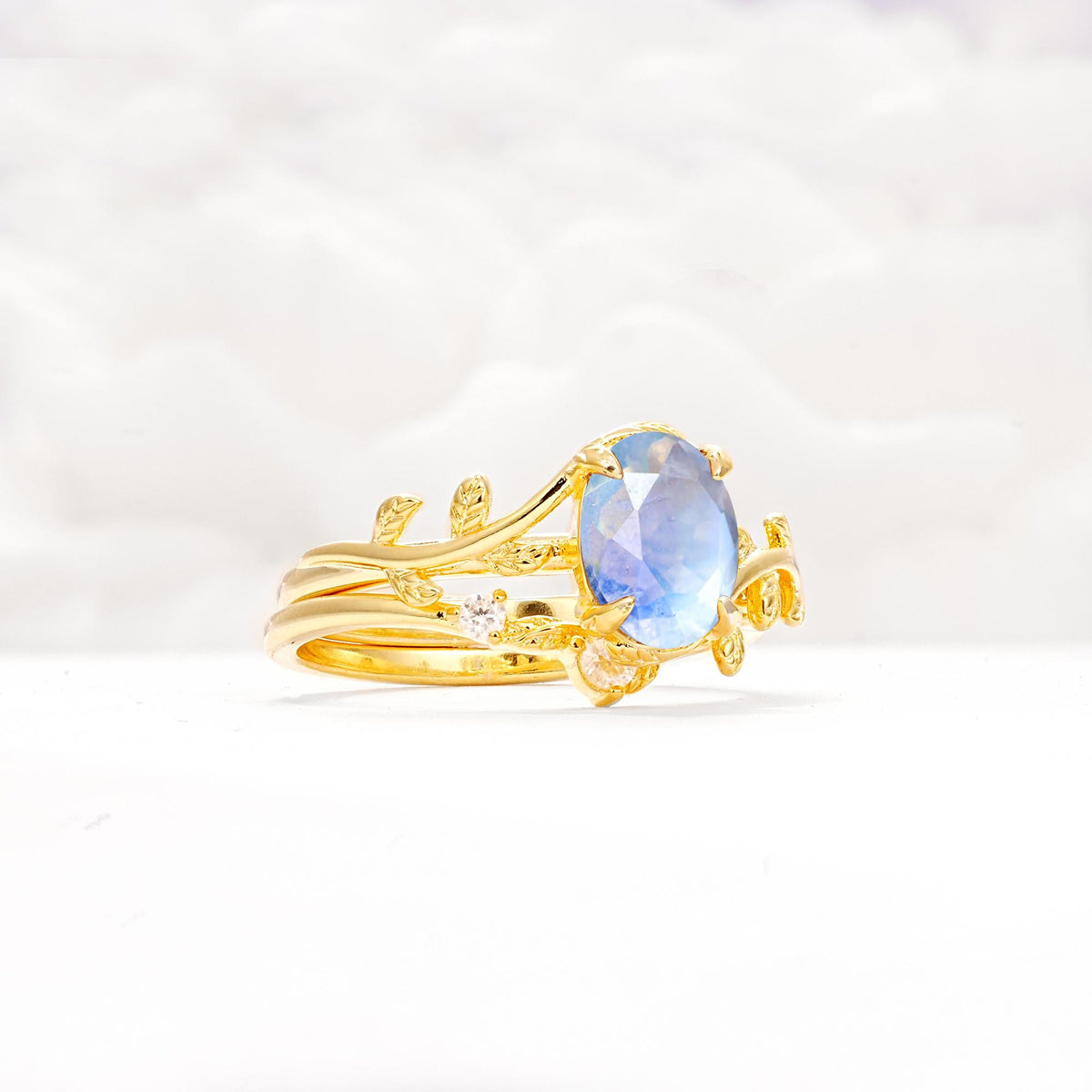 Nature-Inspired Oval Cut Moonstone Engagement Ring Set with Leaf Accents - Rose-Gold
