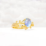 Nature-Inspired Oval Cut Moonstone Engagement Ring Set with Leaf Accents - Rose-Gold
