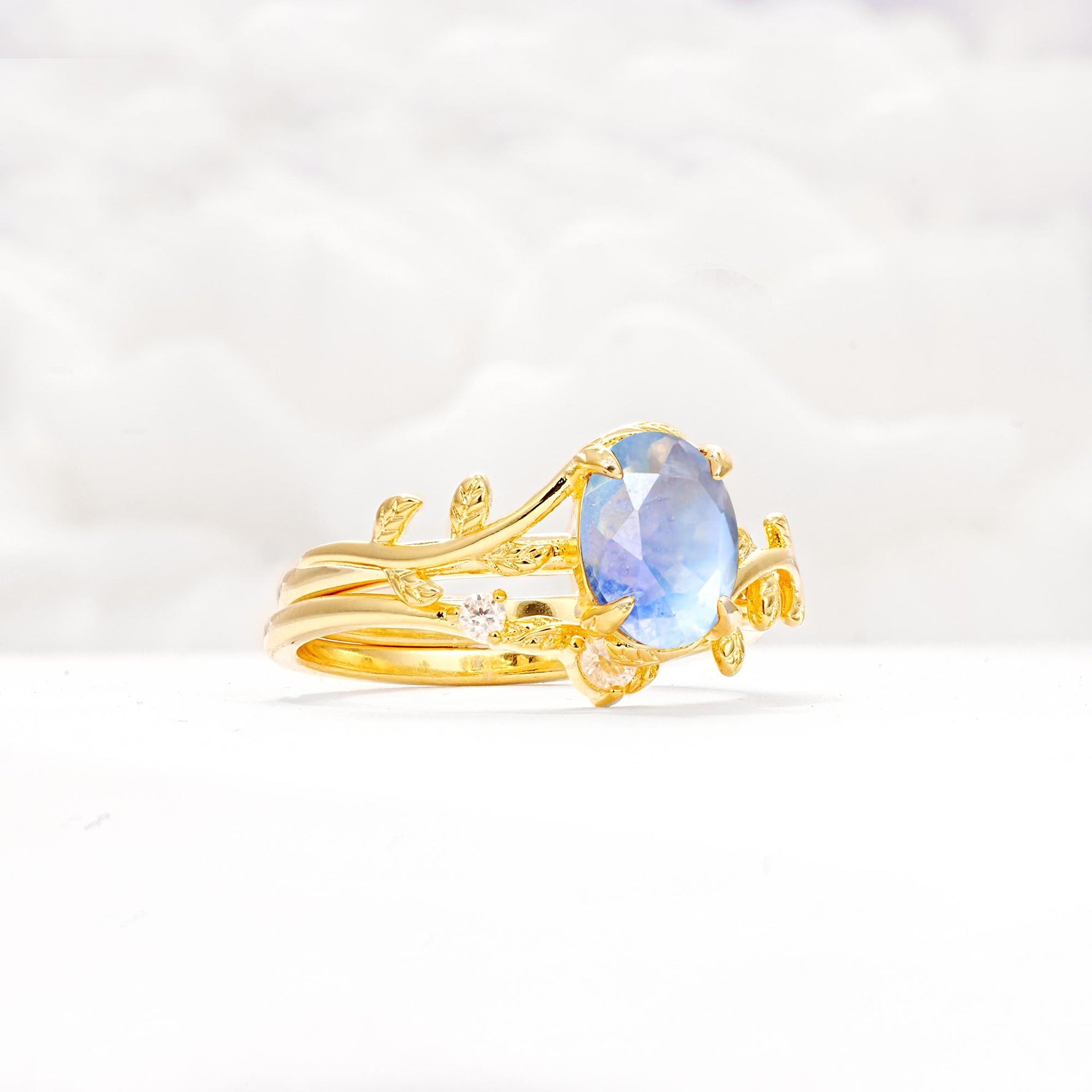 Nature-Inspired Oval Cut Moonstone Engagement Ring Set with Leaf Accents - Rose-Gold