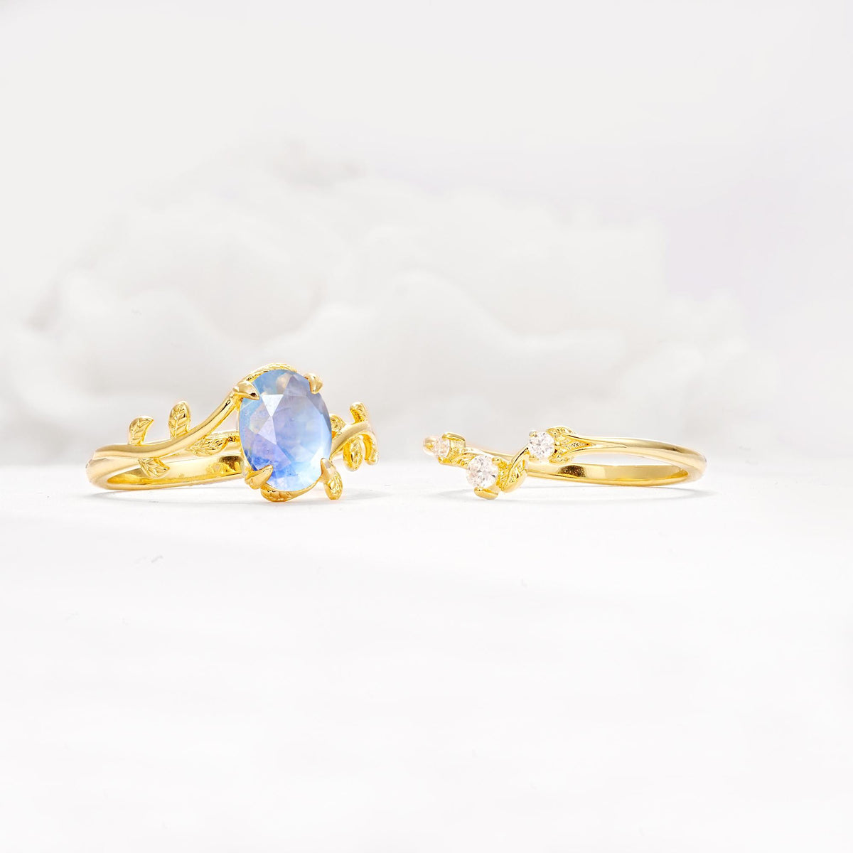 Nature-Inspired Oval Cut Moonstone Engagement Ring Set with Leaf Accents - White-Gold