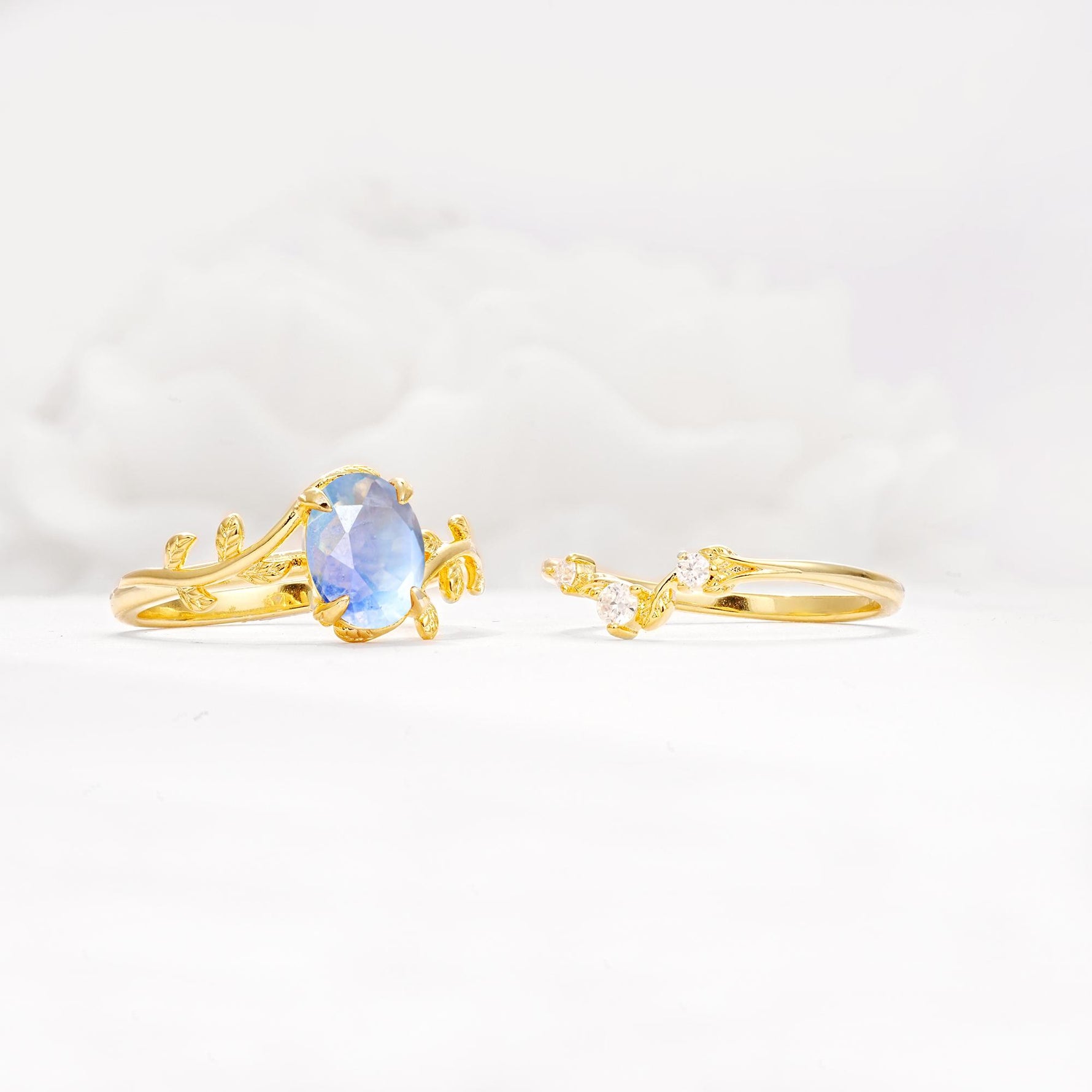 Nature-Inspired Oval Cut Moonstone Engagement Ring Set with Leaf Accents - White-Gold