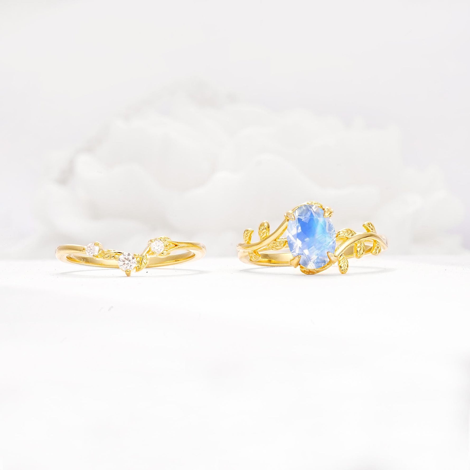 Nature-Inspired Oval Cut Moonstone Engagement Ring Set with Leaf Accents - Additional view