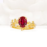 Nature-Inspired Oval Cut Ruby Engagement Ring Set with Leaf Accents - Yellow-Gold