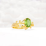 Nature-Inspired Oval Cut Peridot Engagement Ring Set with Leaf Accents - Rose-Gold