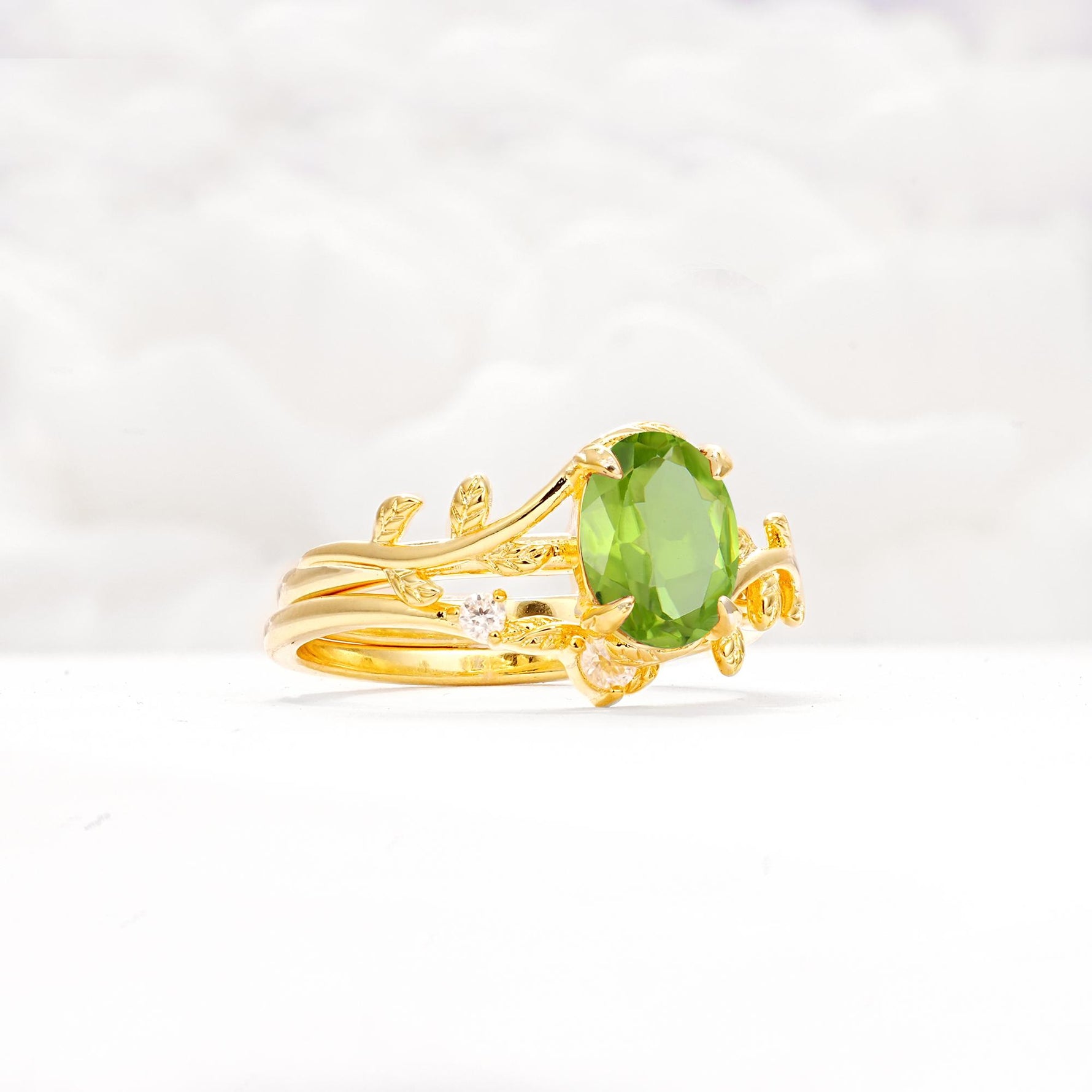 Nature-Inspired Oval Cut Peridot Engagement Ring Set with Leaf Accents - Rose-Gold