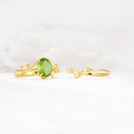 Nature-Inspired Oval Cut Peridot Engagement Ring Set with Leaf Accents - White-Gold