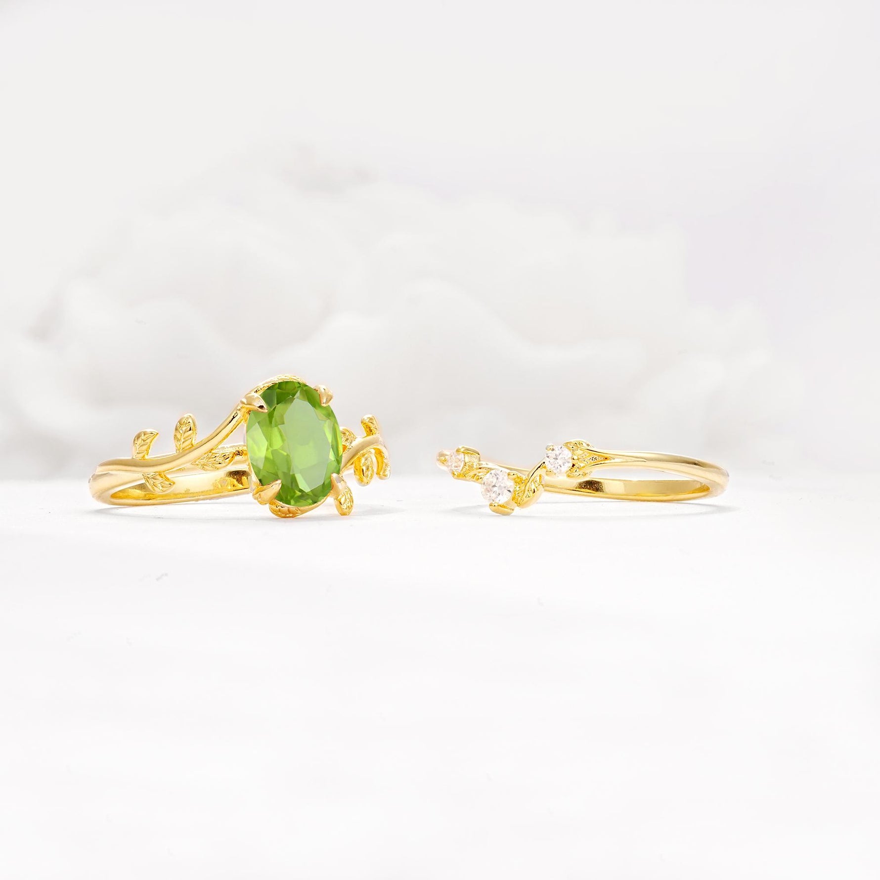 Nature-Inspired Oval Cut Peridot Engagement Ring Set with Leaf Accents - White-Gold