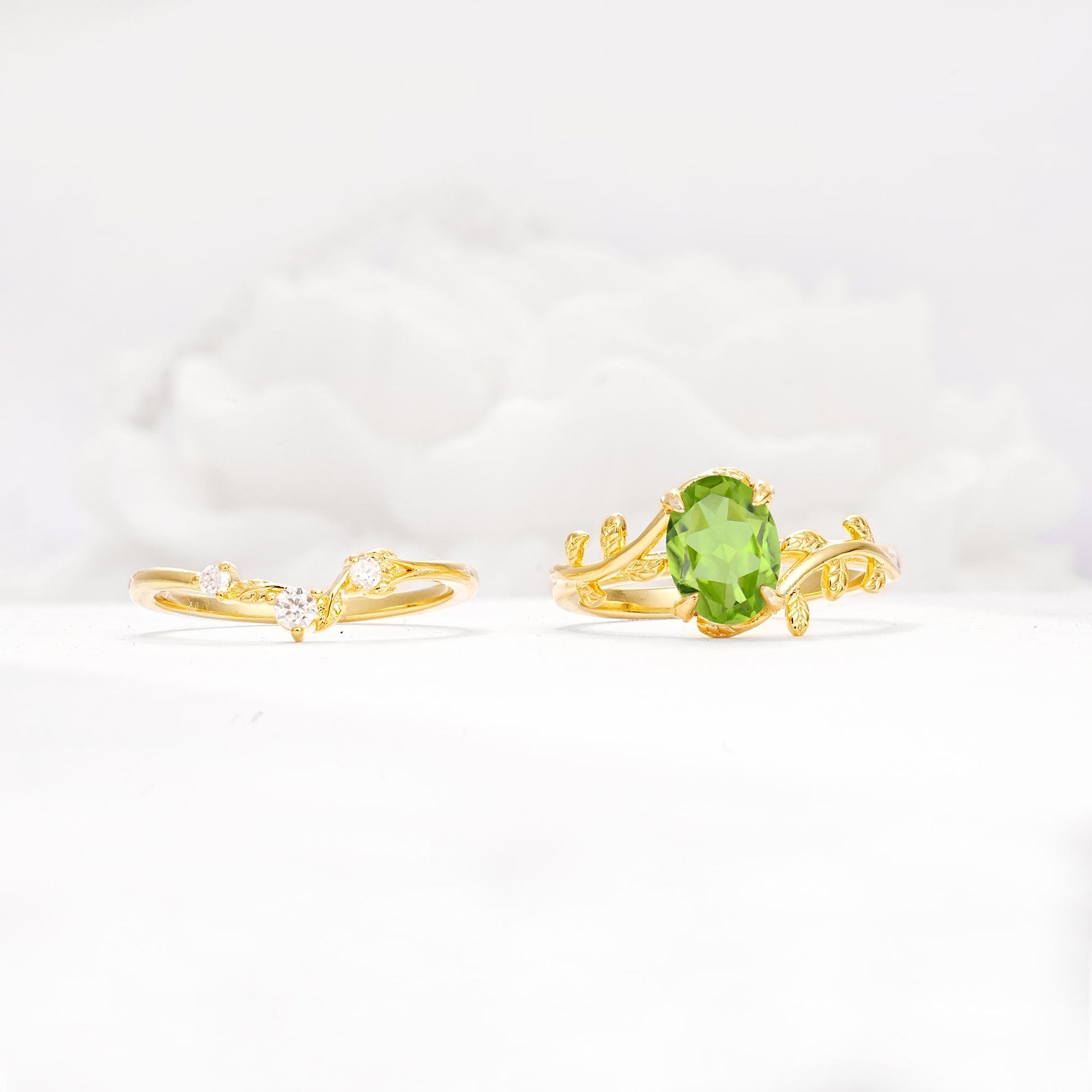 Nature-Inspired Oval Cut Peridot Engagement Ring Set with Leaf Accents - Additional view