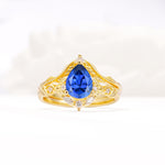 Vintage Filigree Pear Cut Sapphire Engagement Ring Set - Yellow-Gold