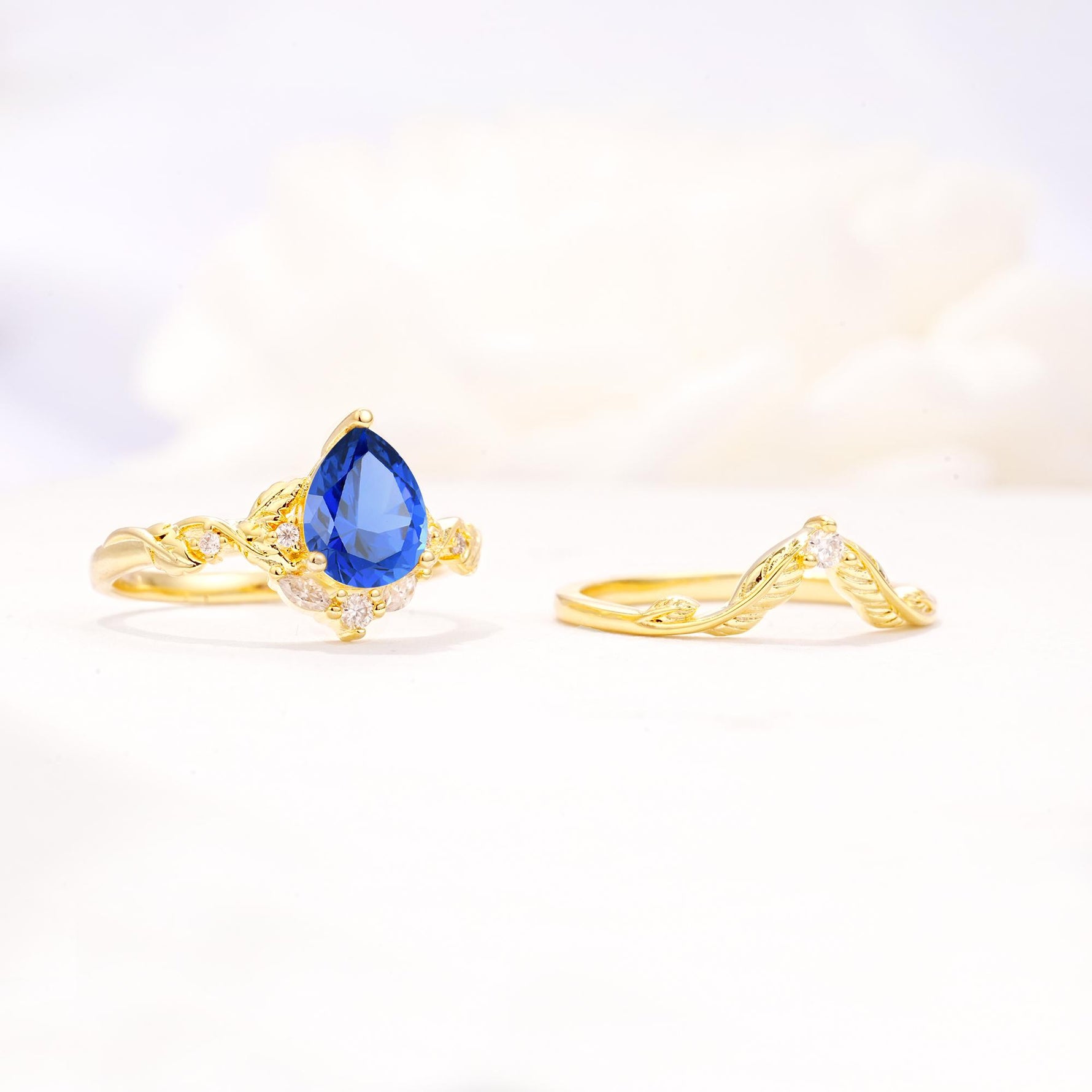 Vintage Filigree Pear Cut Sapphire Engagement Ring Set - Additional view