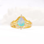 Vintage Filigree Pear Cut Fire Opal Engagement Ring Set - Yellow-Gold