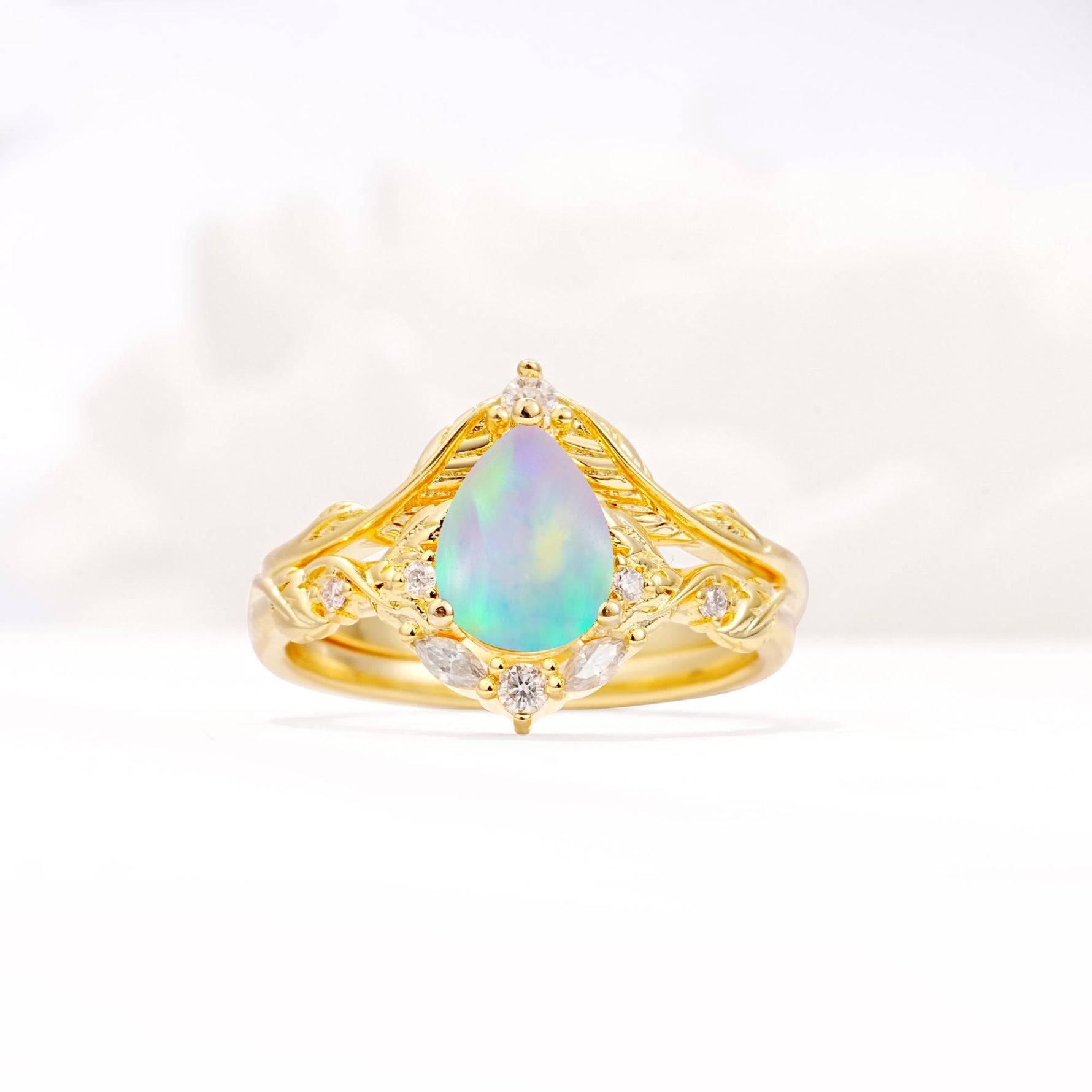 Vintage Filigree Pear Cut Fire Opal Engagement Ring Set - Yellow-Gold
