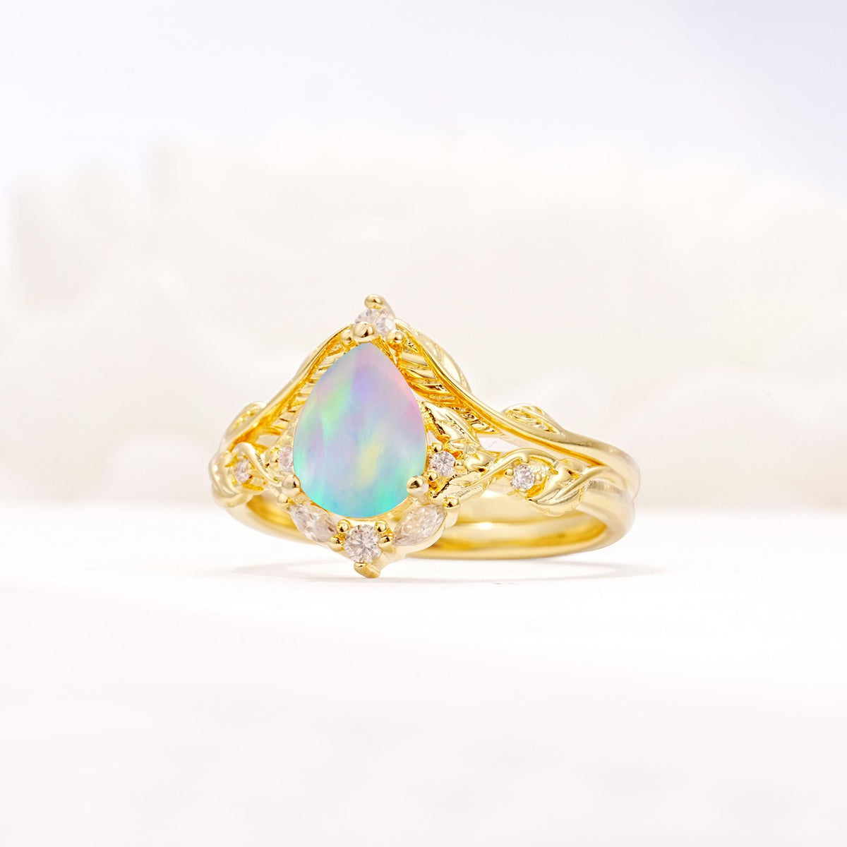 Vintage Filigree Pear Cut Fire Opal Engagement Ring Set - Rose-Gold