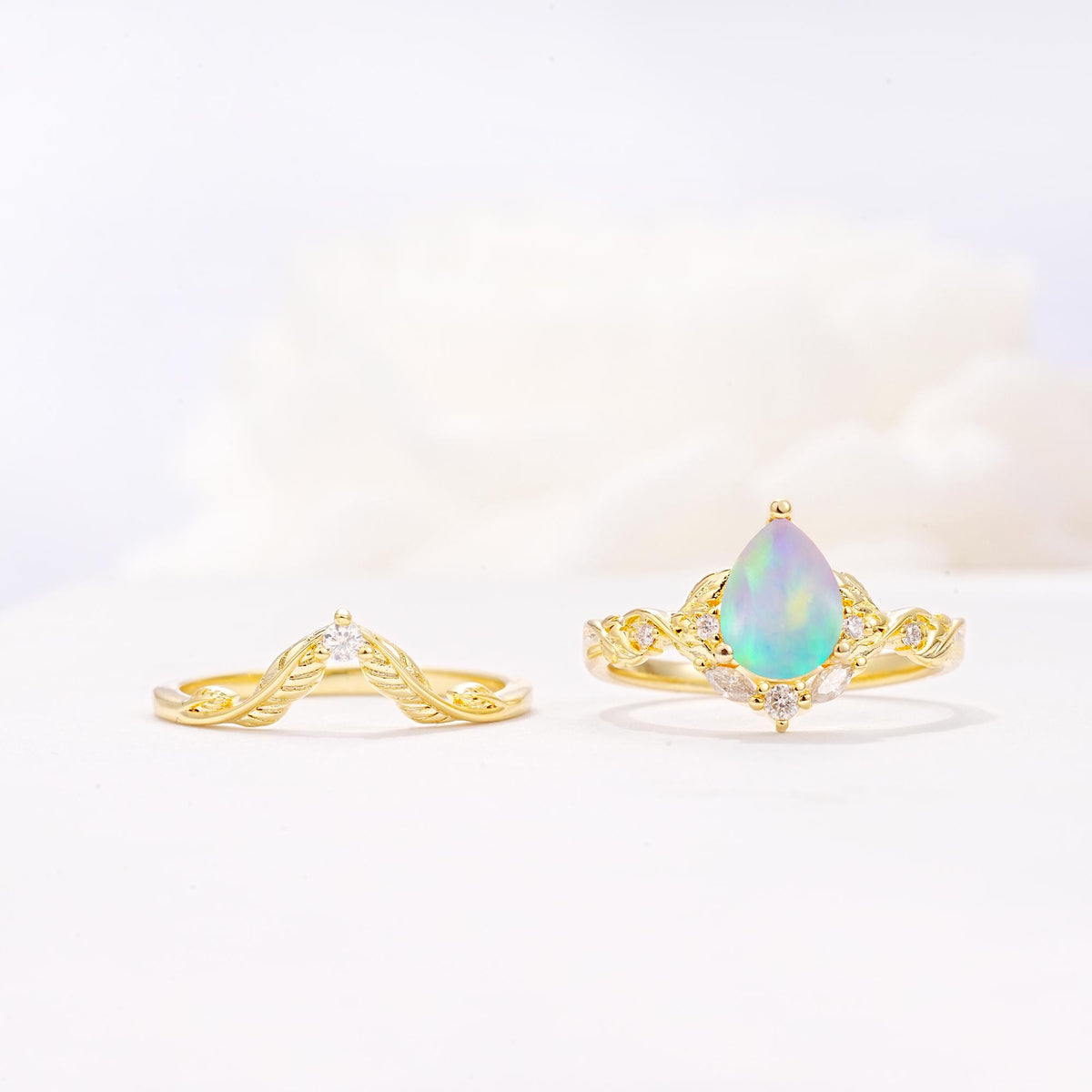Vintage Filigree Pear Cut Fire Opal Engagement Ring Set - White-Gold