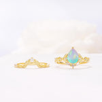 Vintage Filigree Pear Cut Fire Opal Engagement Ring Set - White-Gold