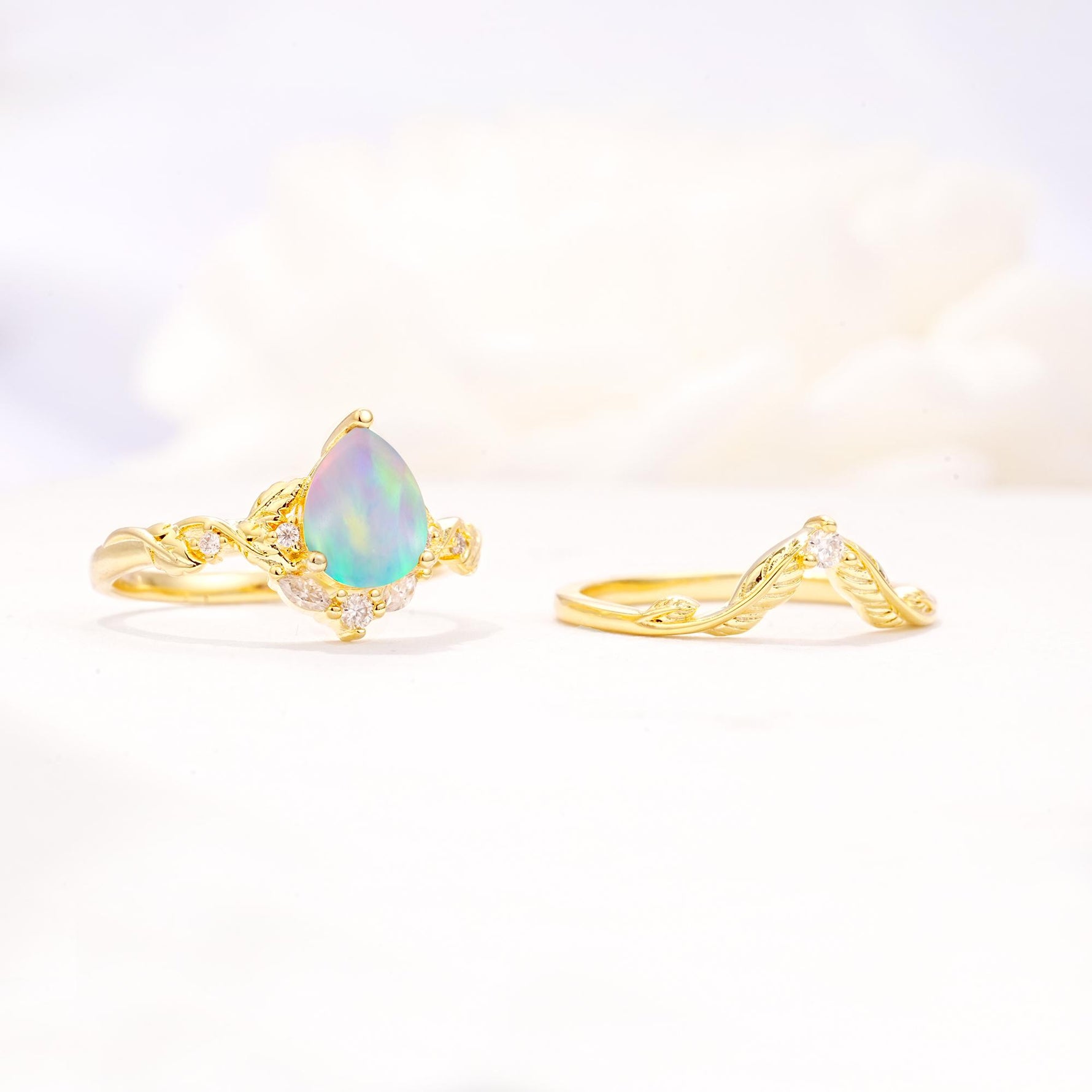 Vintage Filigree Pear Cut Fire Opal Engagement Ring Set - Additional view