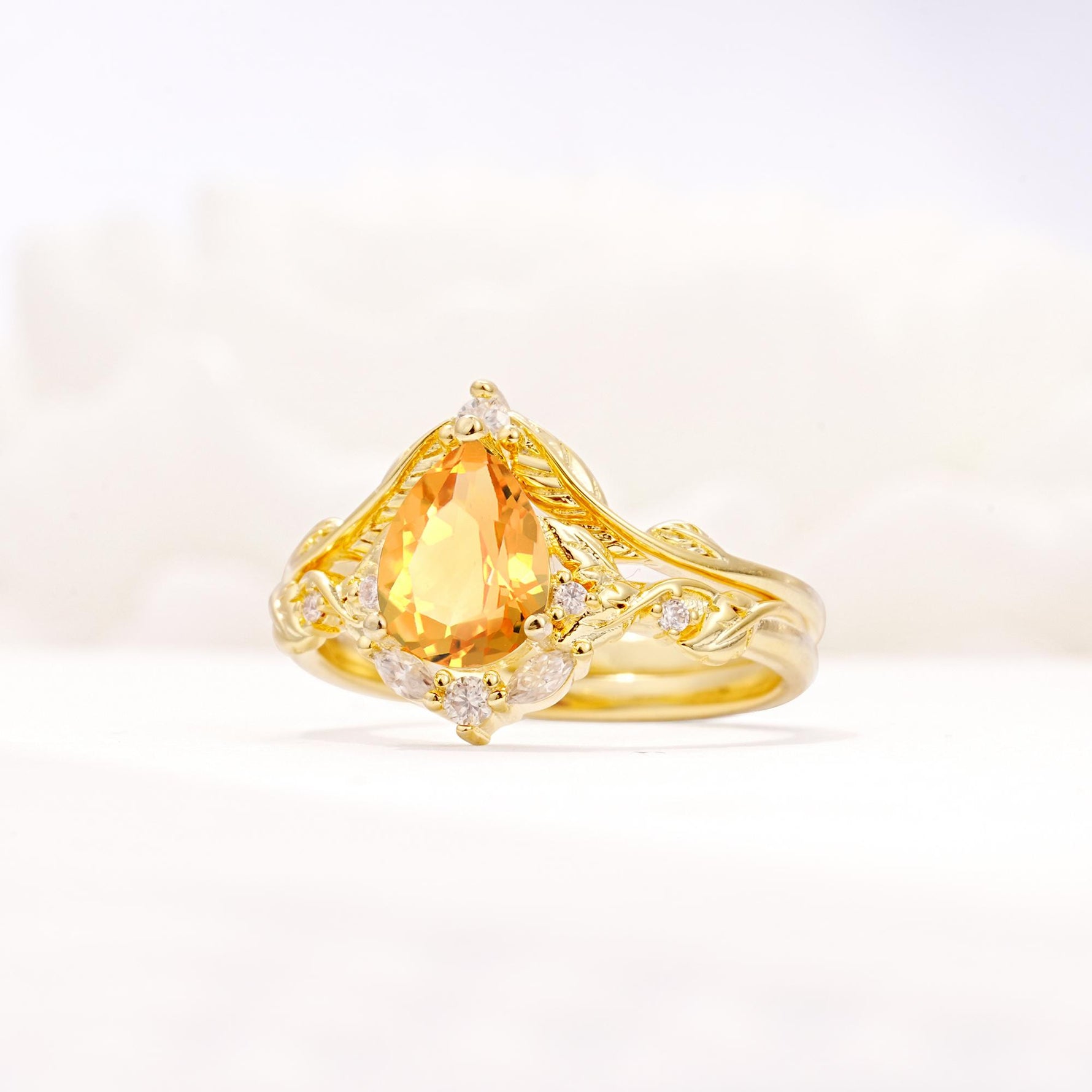 Vintage Filigree Pear Cut Citrine Engagement Ring Set - Rose-Gold