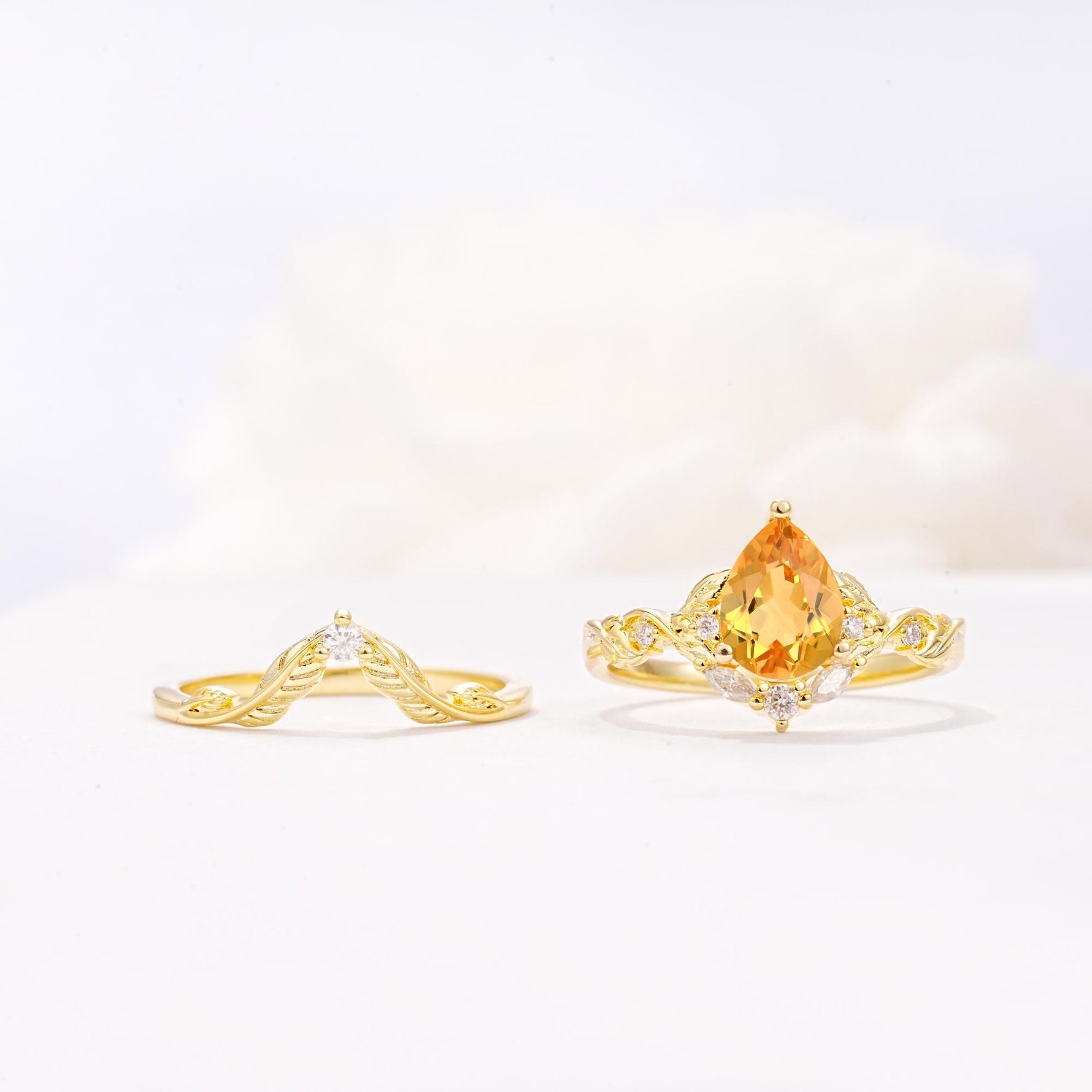 Vintage Filigree Pear Cut Citrine Engagement Ring Set - White-Gold