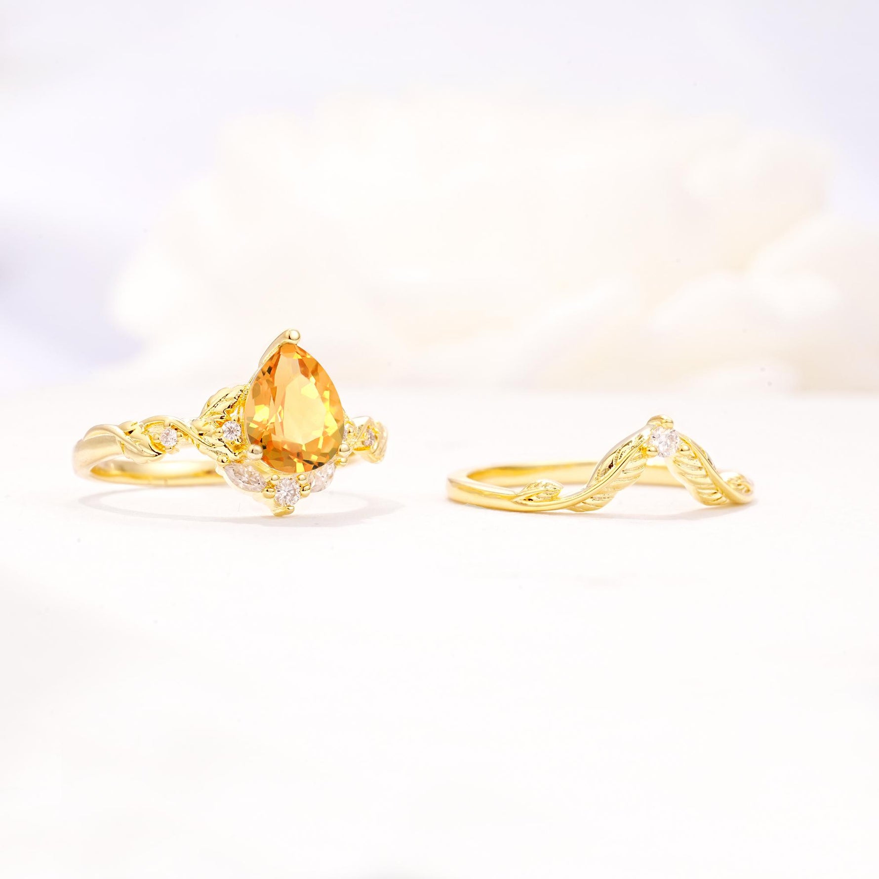 Vintage Filigree Pear Cut Citrine Engagement Ring Set - Additional view