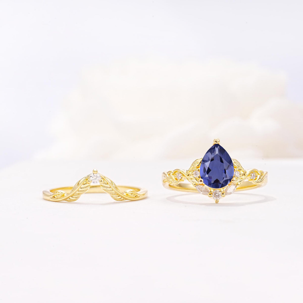 Vintage Filigree Pear Cut Tanzanite Engagement Ring Set - White-Gold