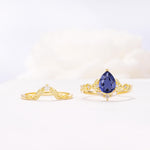 Vintage Filigree Pear Cut Tanzanite Engagement Ring Set - White-Gold