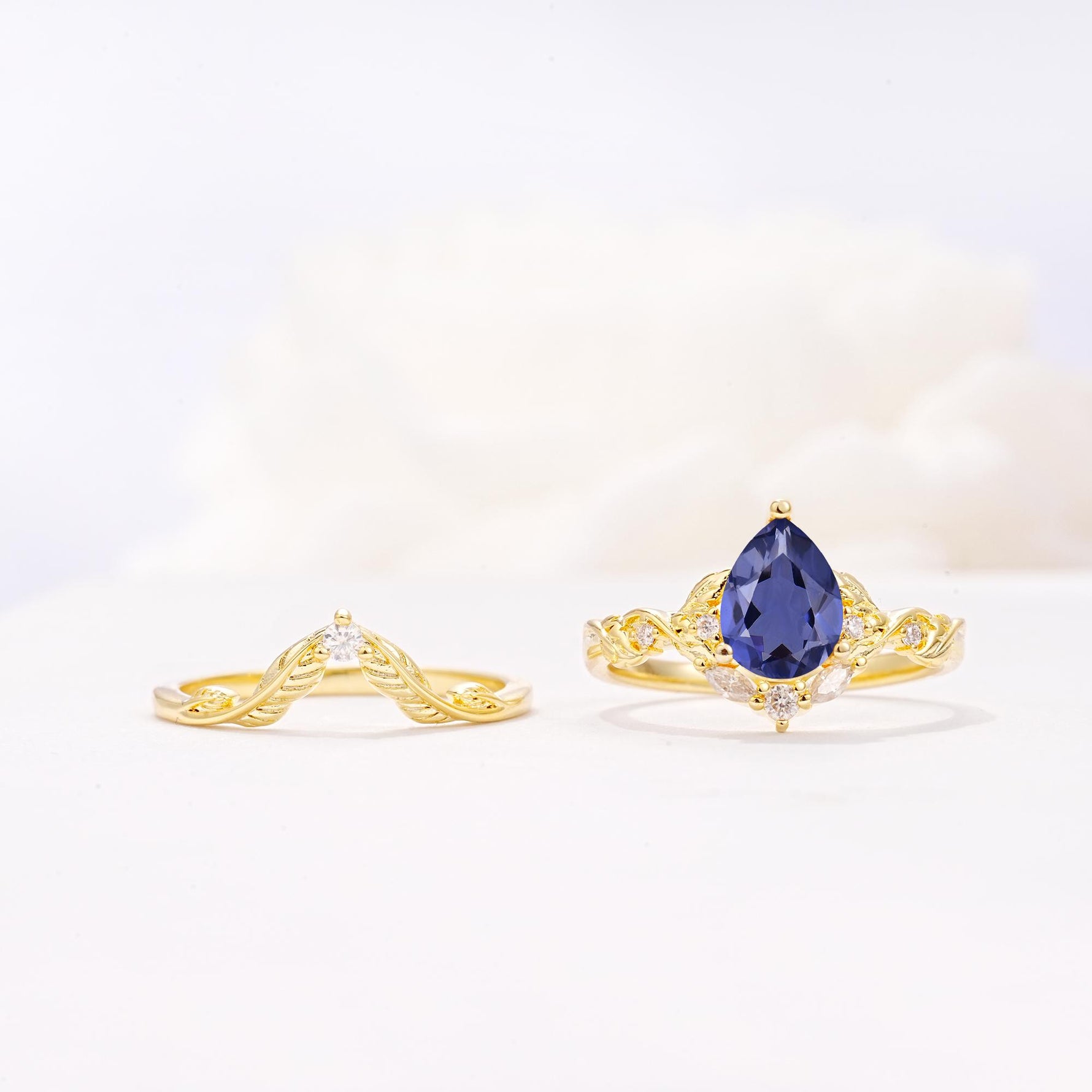 Vintage Filigree Pear Cut Tanzanite Engagement Ring Set - White-Gold