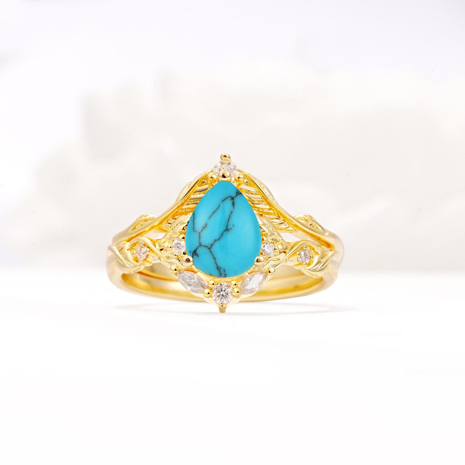 Vintage Filigree Pear Cut Turquoise Engagement Ring Set - Yellow-Gold