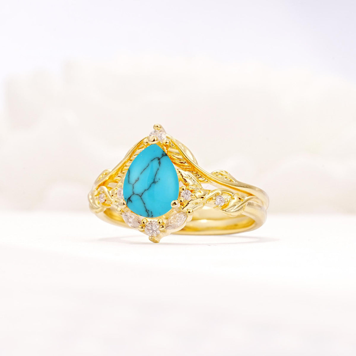 Vintage Filigree Pear Cut Turquoise Engagement Ring Set - Rose-Gold