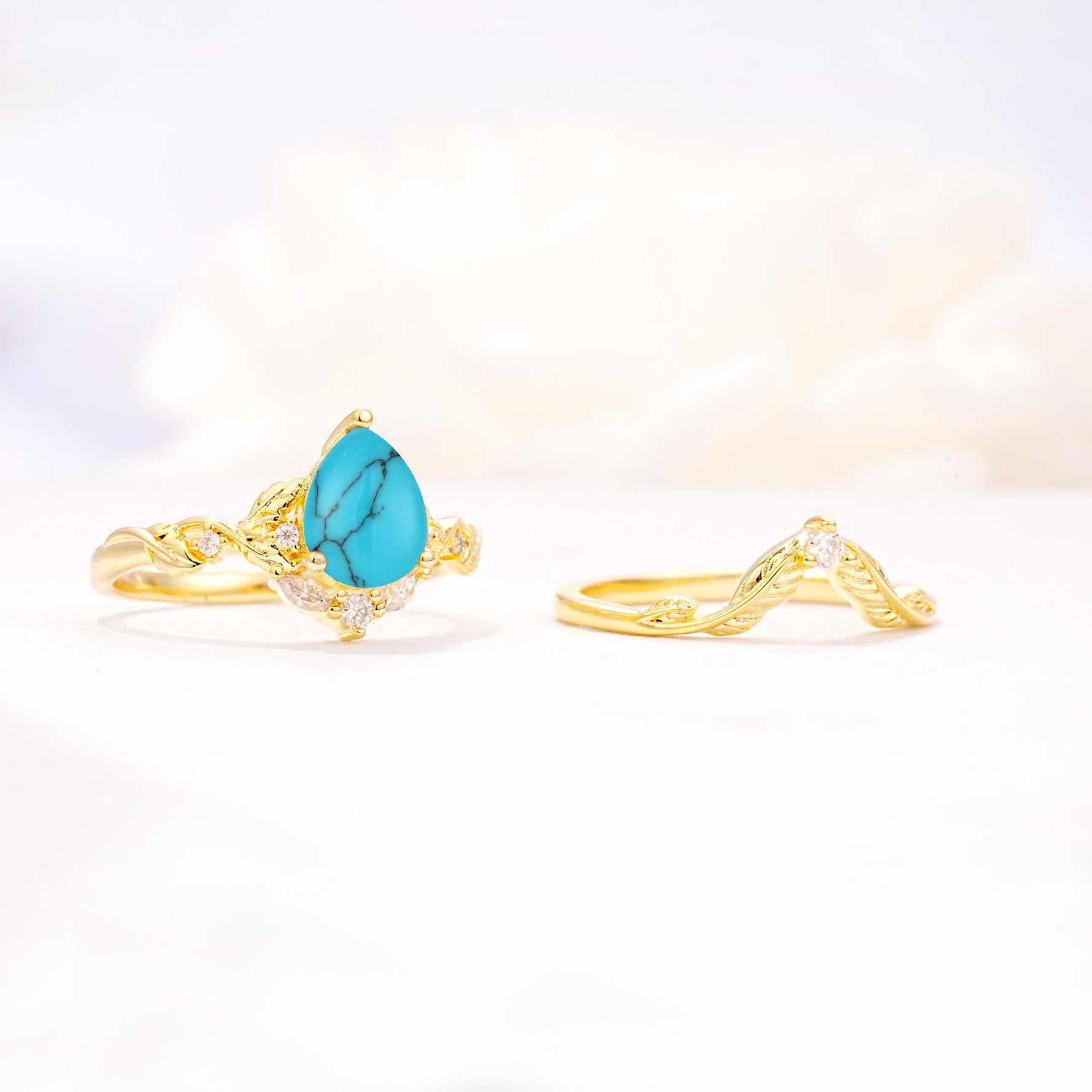 Vintage Filigree Pear Cut Turquoise Engagement Ring Set - Additional view