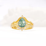 Vintage Filigree Pear Cut Moss Agate Engagement Ring Set - Yellow-Gold
