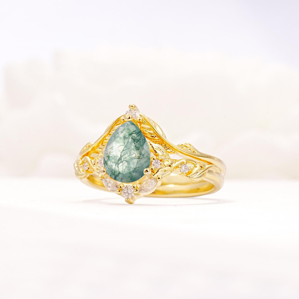 Vintage Filigree Pear Cut Moss Agate Engagement Ring Set - Rose-Gold