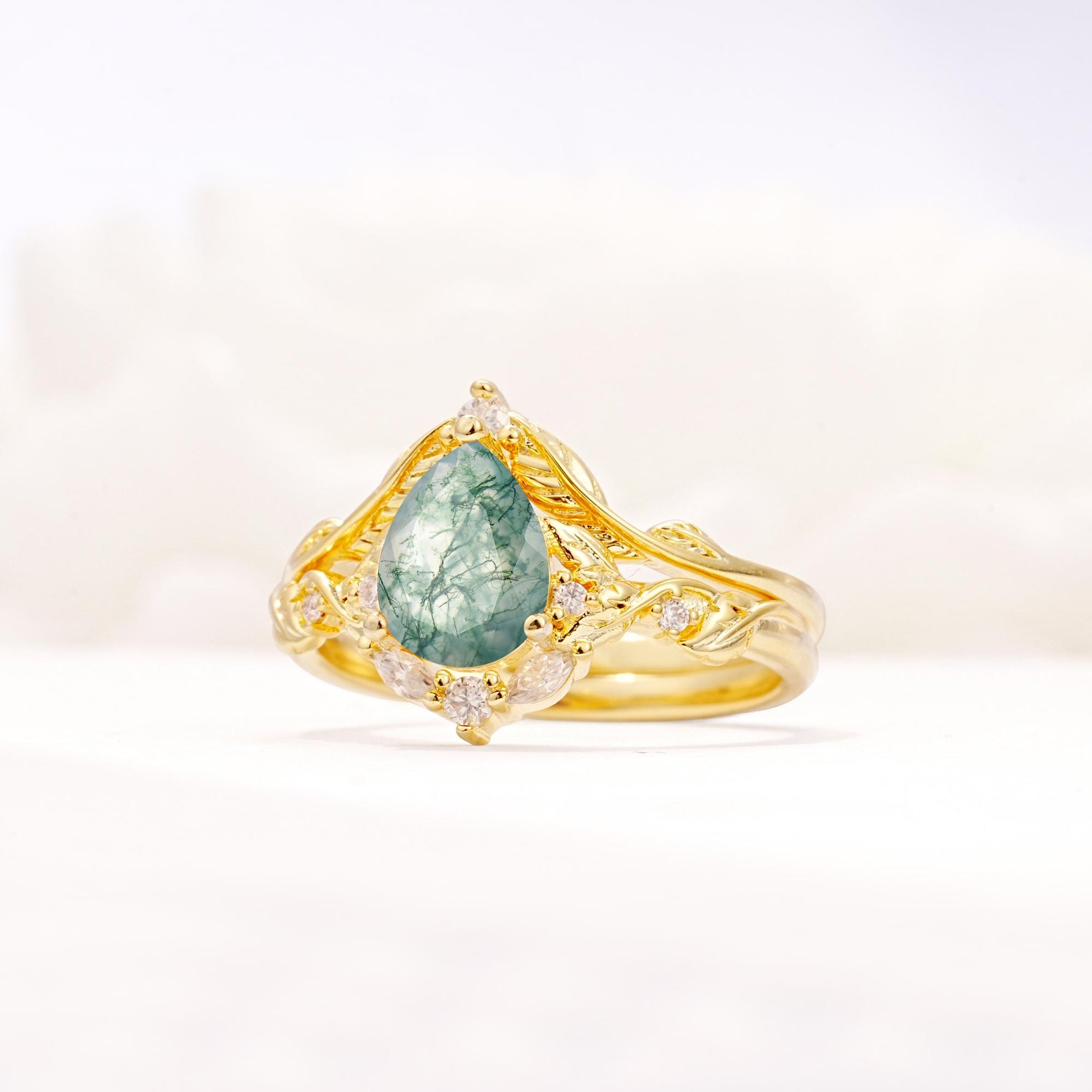 Vintage Filigree Pear Cut Moss Agate Engagement Ring Set - Rose-Gold