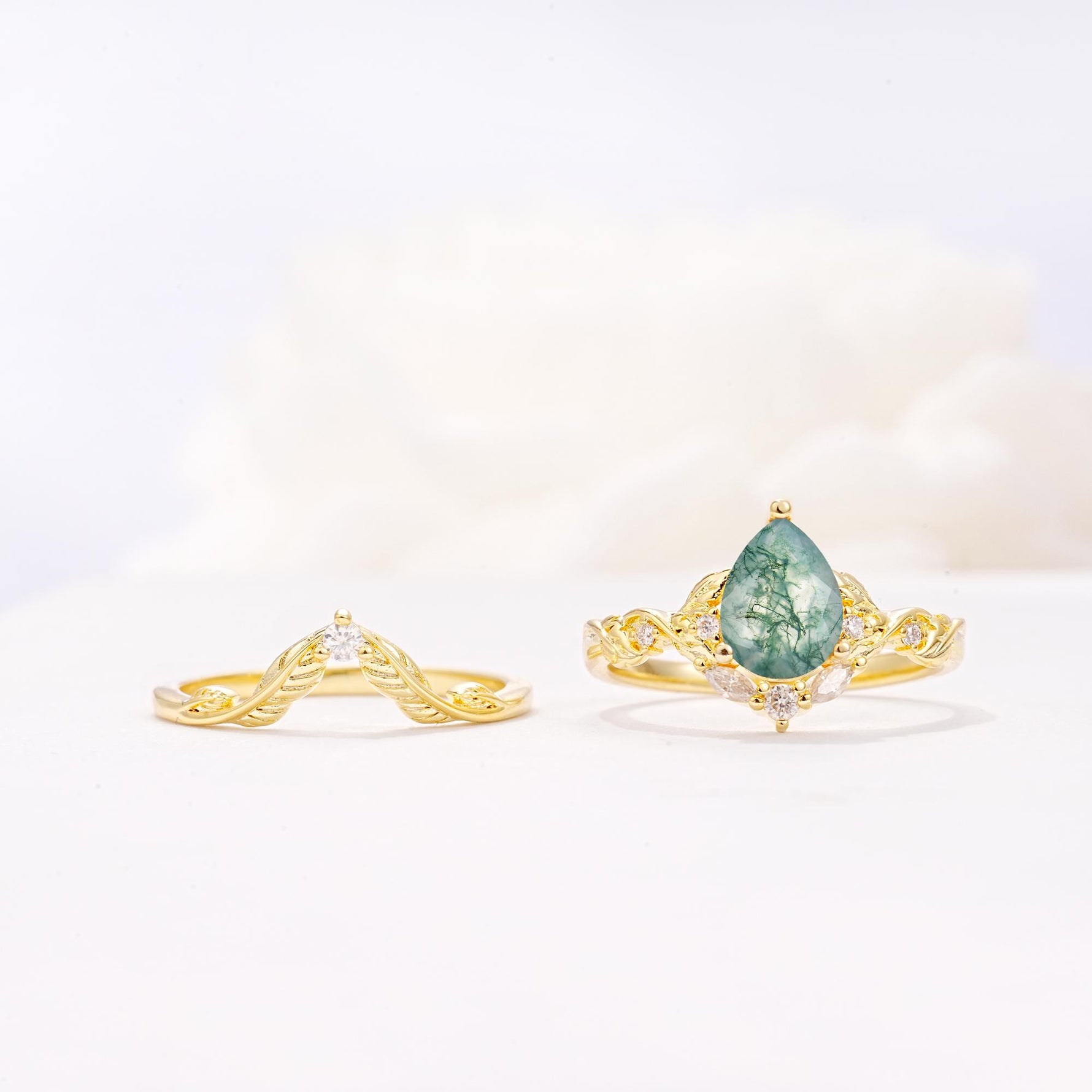 Vintage Filigree Pear Cut Moss Agate Engagement Ring Set - White-Gold