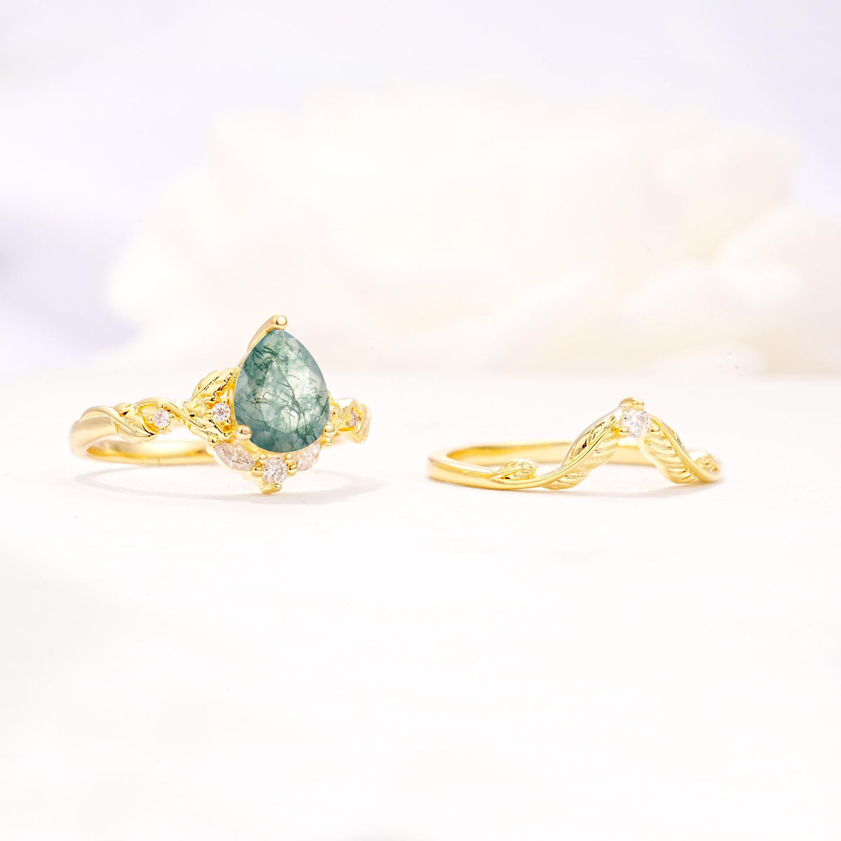Vintage Filigree Pear Cut Moss Agate Engagement Ring Set - Additional view