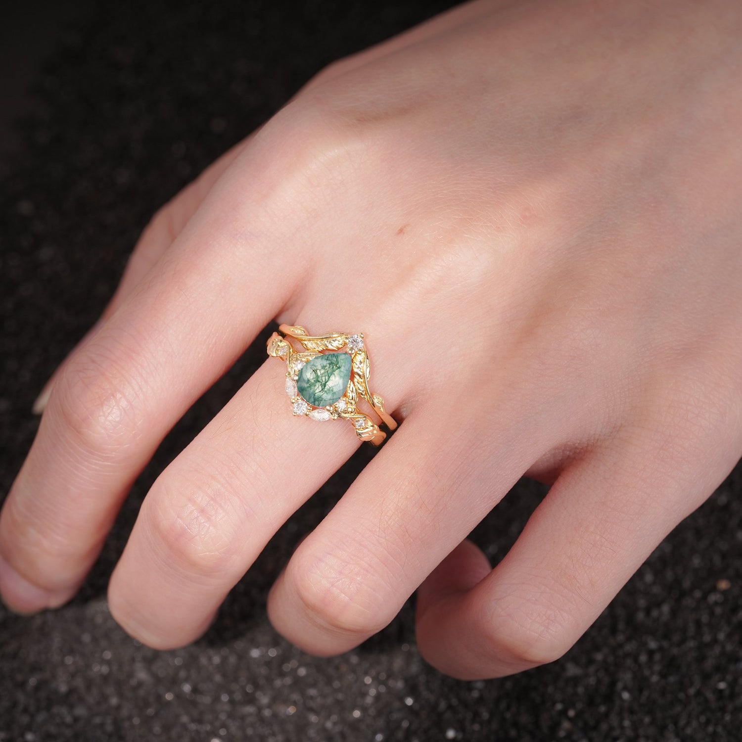 Vintage Filigree Pear Cut Moss Agate Engagement Ring Set