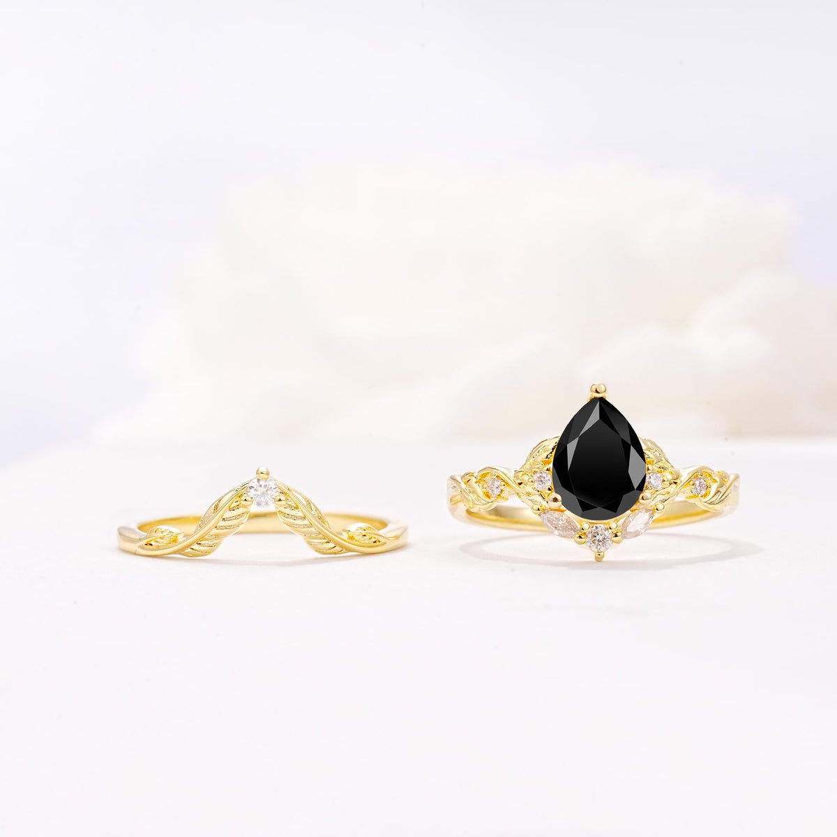 Vintage Filigree Pear Cut Black Onyx Engagement Ring Set - White-Gold